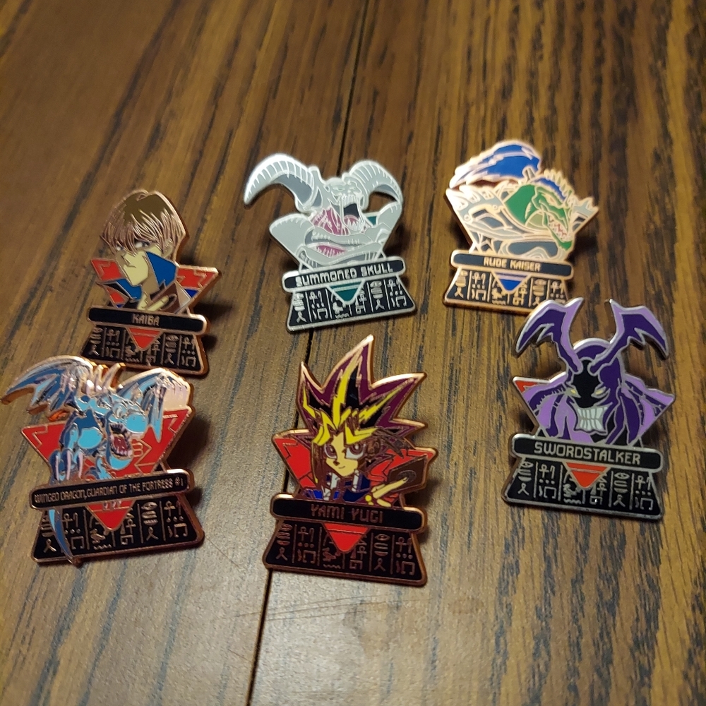 Six Vintage Yu-Gi-Oh 1” Enamel Pins Upper Deck (Swordstalker, Summoned Skull)